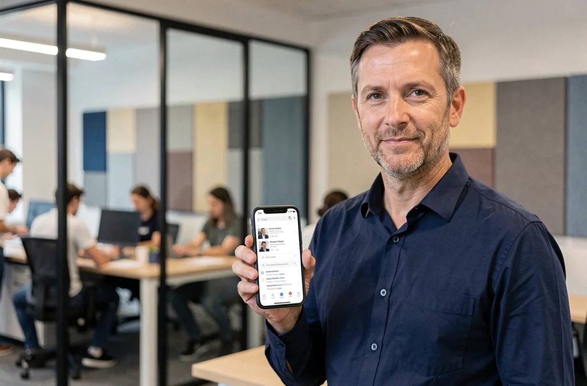 Homme vérifiant sa réputation en ligne sur smartphone dans un espace de coworking