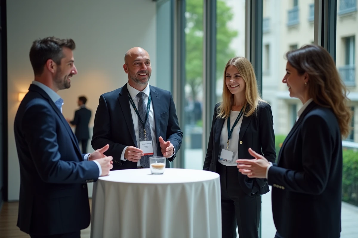 Groupe de notaires et juristes internationaux en réseautage lors d'une pause du Congrès UINL Paris dans un espace moderne vitré
