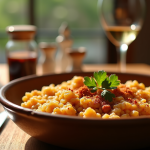 Risotto crémeux au chorizo dans un bol en céramique rustique