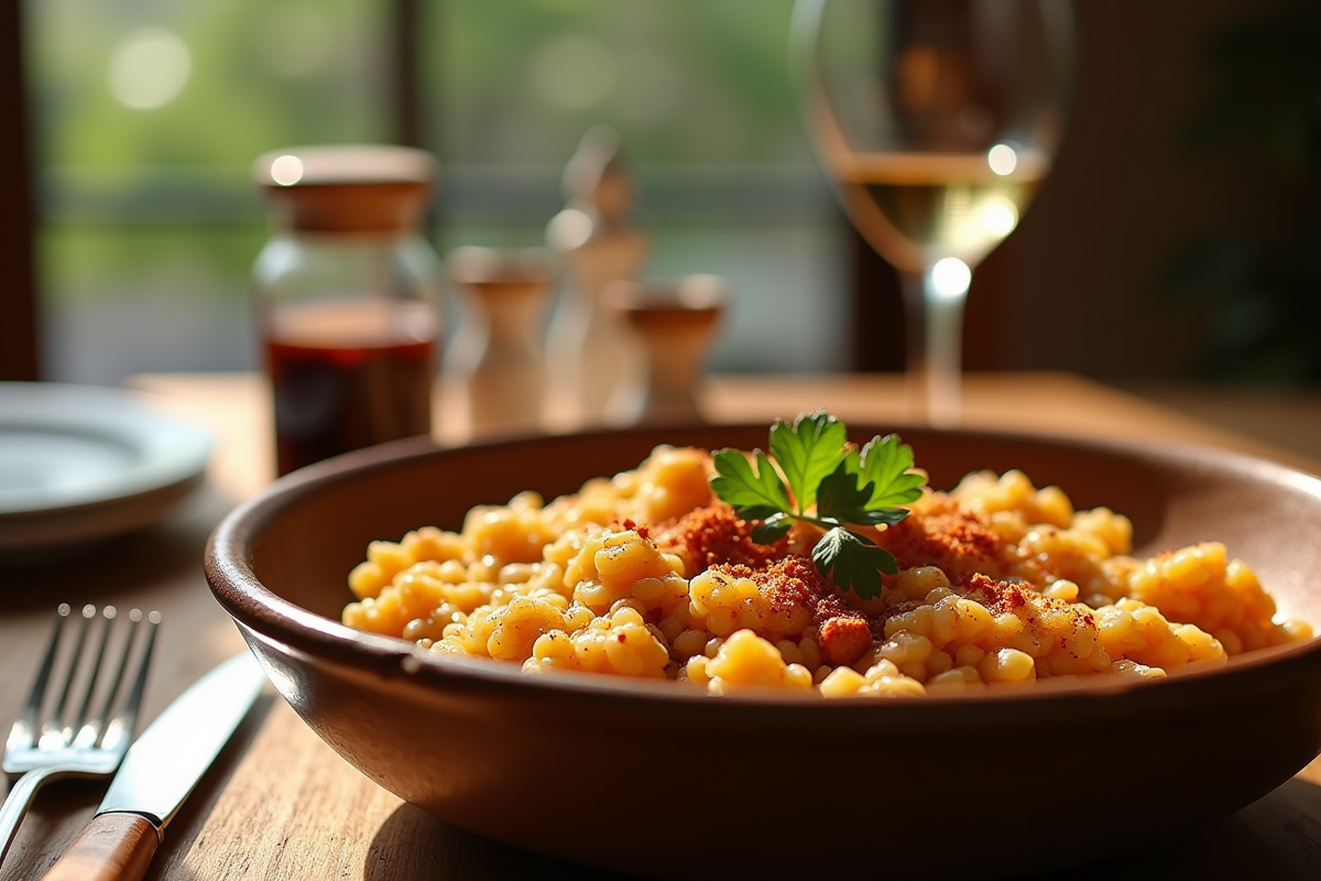 Risotto crémeux au chorizo dans un bol en céramique rustique