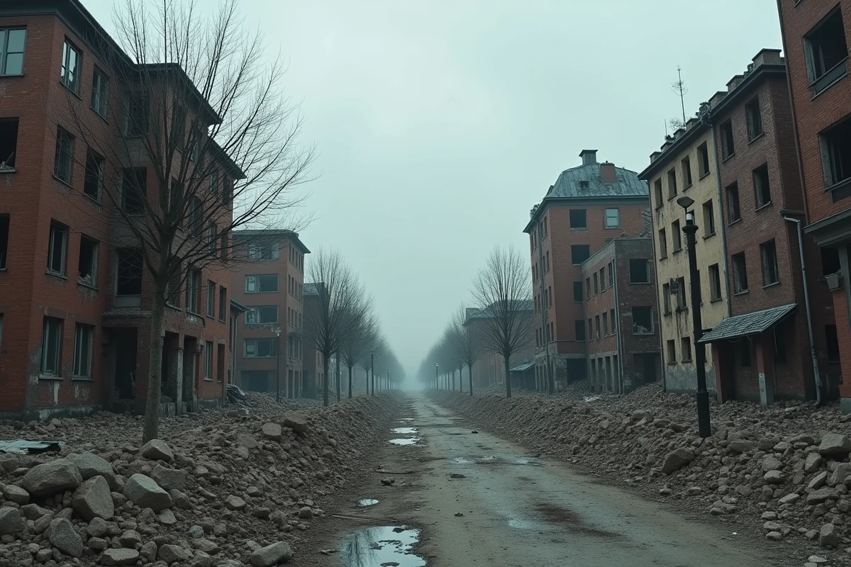 Paysage de ruines urbaines inspiré du Berlin dévasté de 1945, avec façades effondrées et décombres évoquant la fin de la Seconde Guerre mondiale et la chute du IIIe Reich