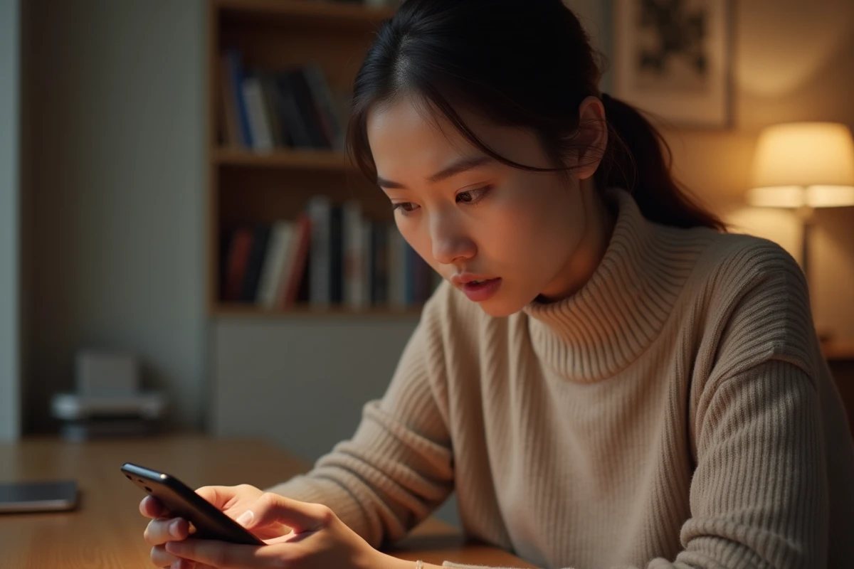 Jeune femme lisant des rumeurs sur les réseaux sociaux depuis son smartphone, illustrant la propagation de fausses informations en ligne