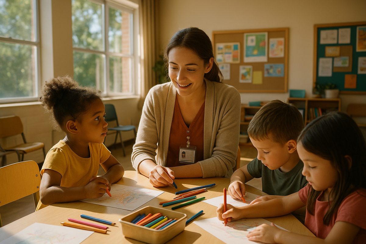 Salle lumineuse avec un éducateur et des enfants créant ensemble