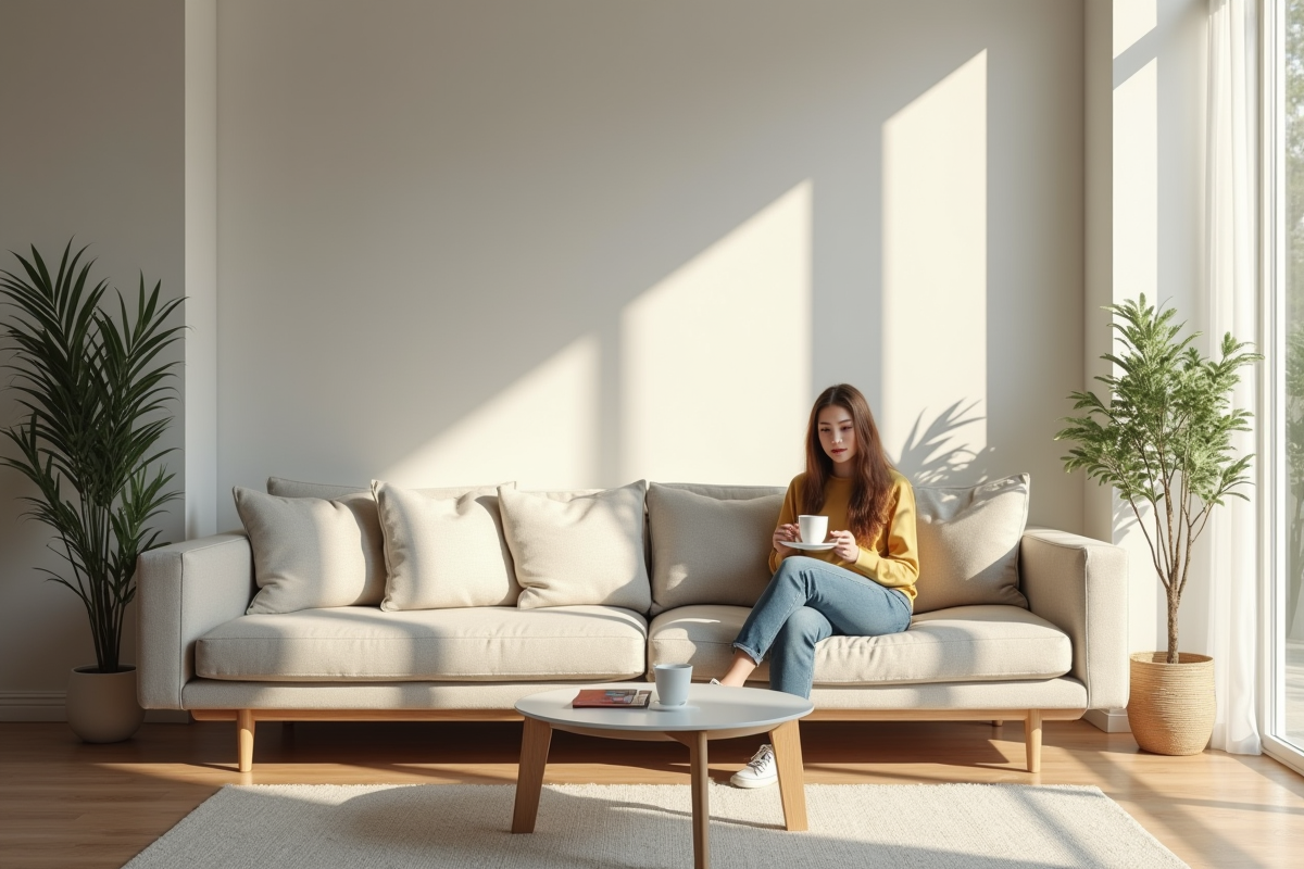 Salon moderne lumineux avec une femme sur un canapé minimaliste