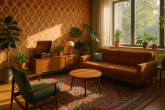 Salon moderne avec mobilier vintage et plantes vertes