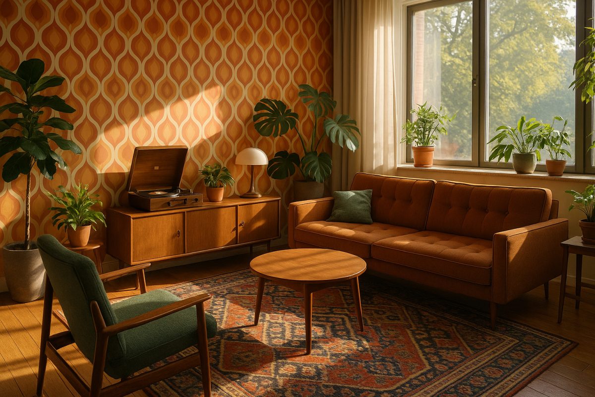 Salon moderne avec mobilier vintage et plantes vertes