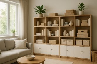 Salon contemporain avec rangement organisé et lumière naturelle
