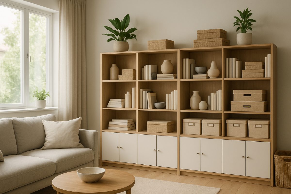 Salon contemporain avec rangement organisé et lumière naturelle