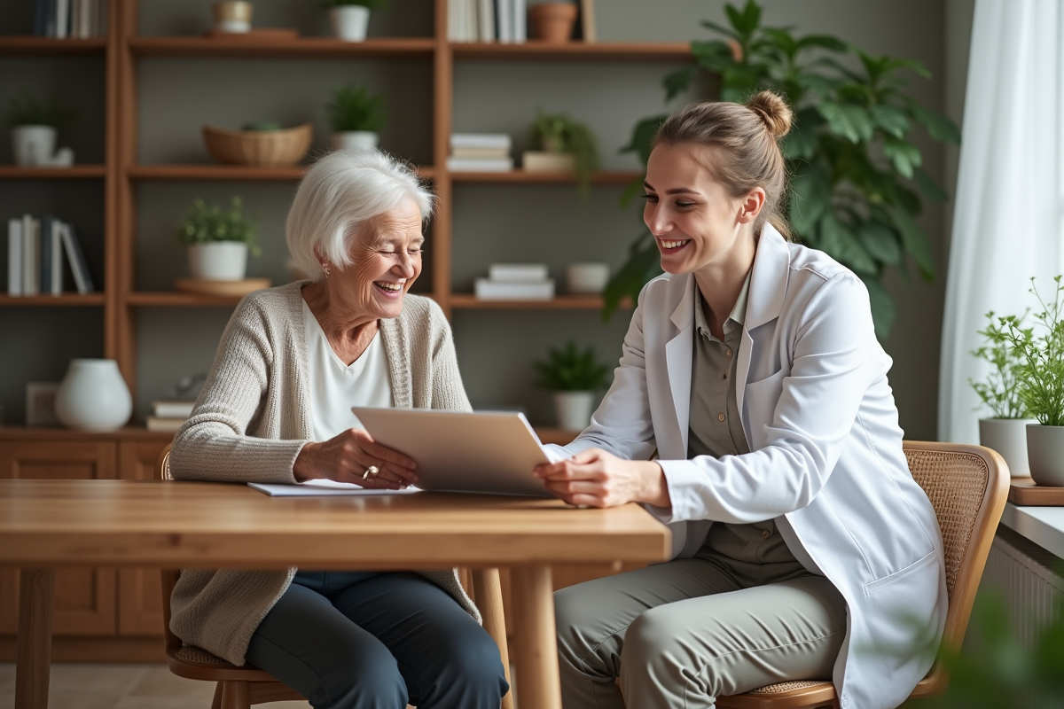 Femme agee souriante avec aidant lisant brochure