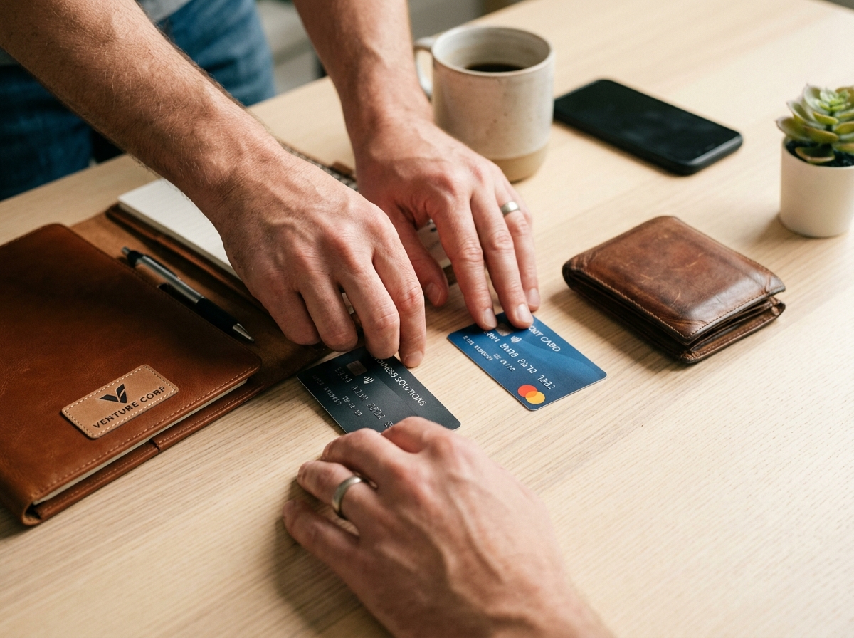 Séparation visuelle entre carte bancaire professionnelle et carte personnelle d'un dirigeant sur un bureau épuré