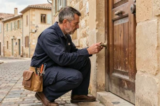 Serrurier professionnel inspectant une serrure sur une porte en bois dans une rue pavée de Montauban