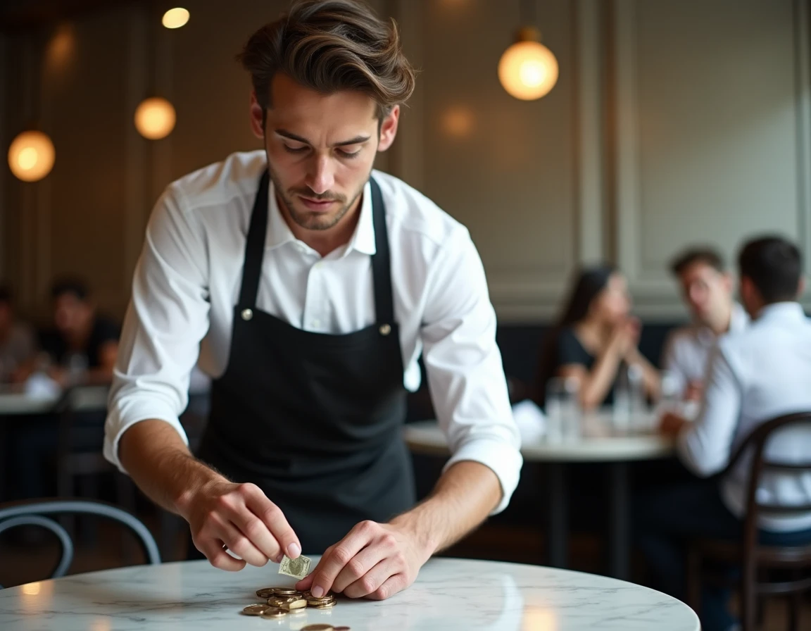 Un serveur récupère un pourboire laissé sur une table de brasserie, symbolisant l'usage du mot tip dans la culture française