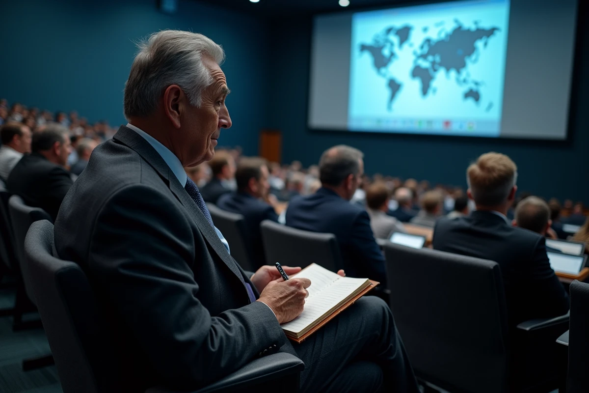 Notaire senior prenant des notes lors d'une conférence plénière du Congrès UINL Paris dans un grand auditorium international