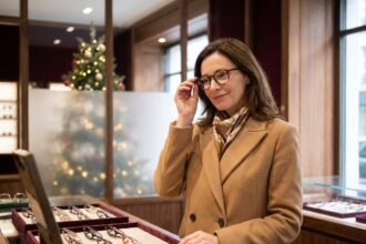 Femme élégante essayant des lunettes de créateur dans une boutique d'optique parisienne décorée pour Noël