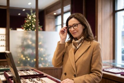 Femme élégante essayant des lunettes de créateur dans une boutique d'optique parisienne décorée pour Noël