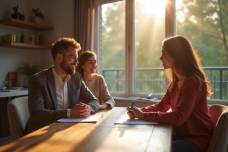 Couple signant un prêt immobilier avec conseiller dans une maison moderne