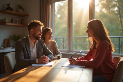 Couple signant un prêt immobilier avec conseiller dans une maison moderne