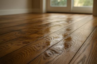 Plan rapproché d'un sol en bois avec taches d'eau et déformation