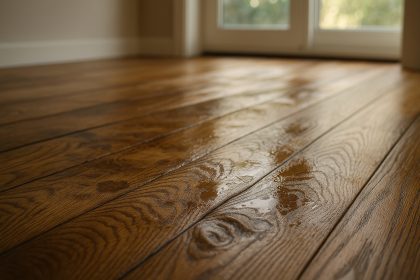 Plan rapproché d'un sol en bois avec taches d'eau et déformation