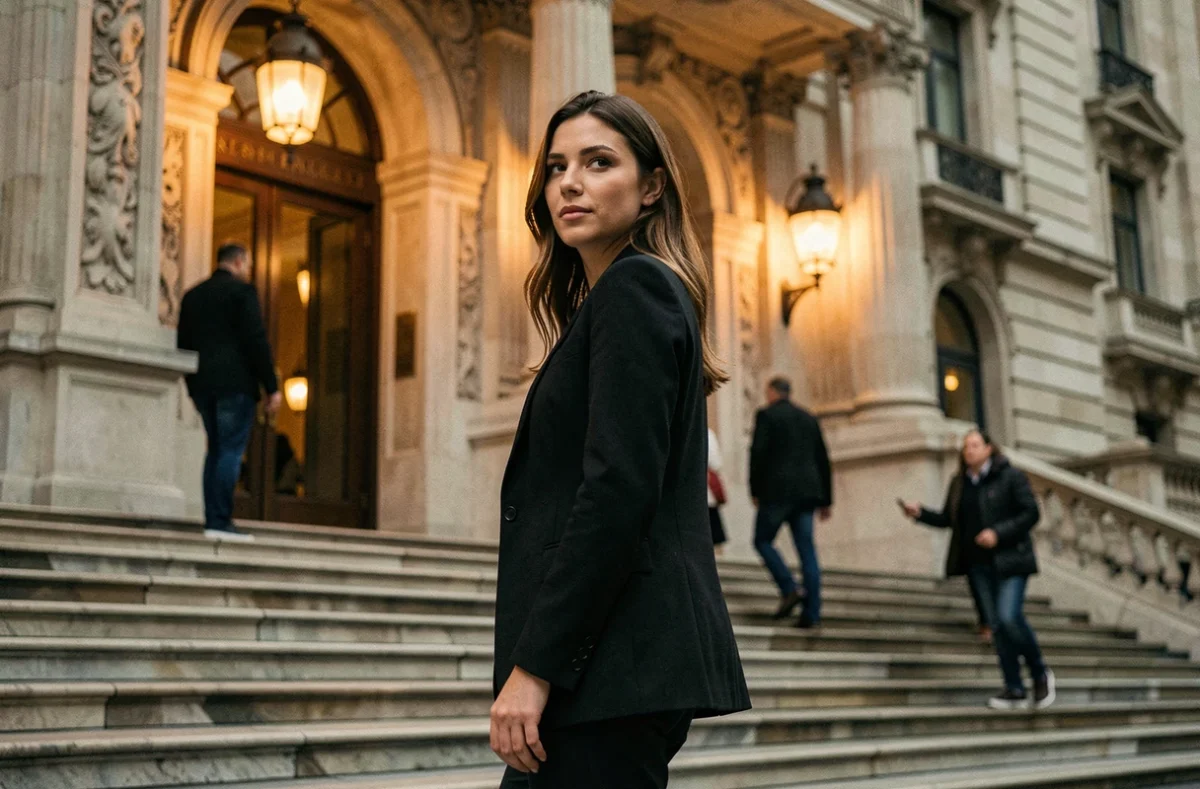 Femme élégante devant un opéra parisien le soir, sortie culturelle à Paris après 20h