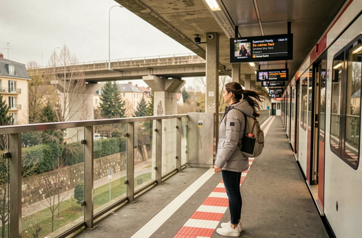 Station aérienne de la ligne 14 prolongée en banlieue parisienne avec voyageuse sur le quai surélevé