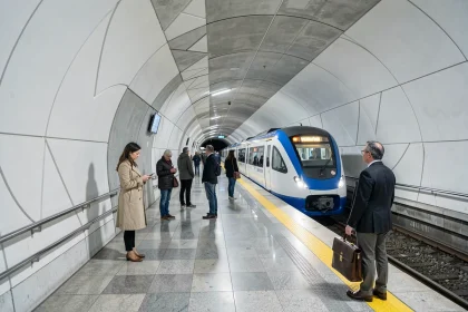 Station souterraine de la ligne 14 du métro parisien avec quai moderne et train automatique en approche