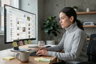 Femme consultant sa e-réputation sur ordinateur dans un bureau moderne à domicile