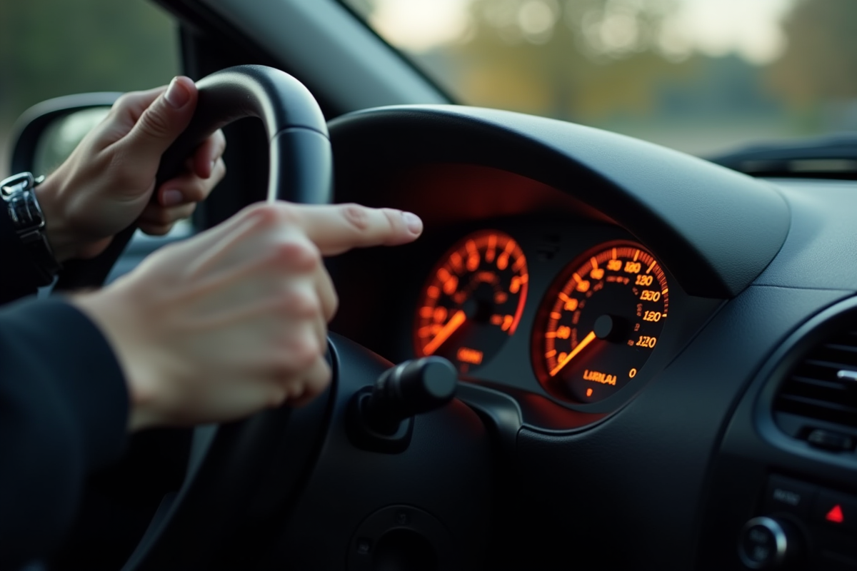 Main du conducteur pointant une lumière d'avertissement sur le tableau de bord Peugeot 206