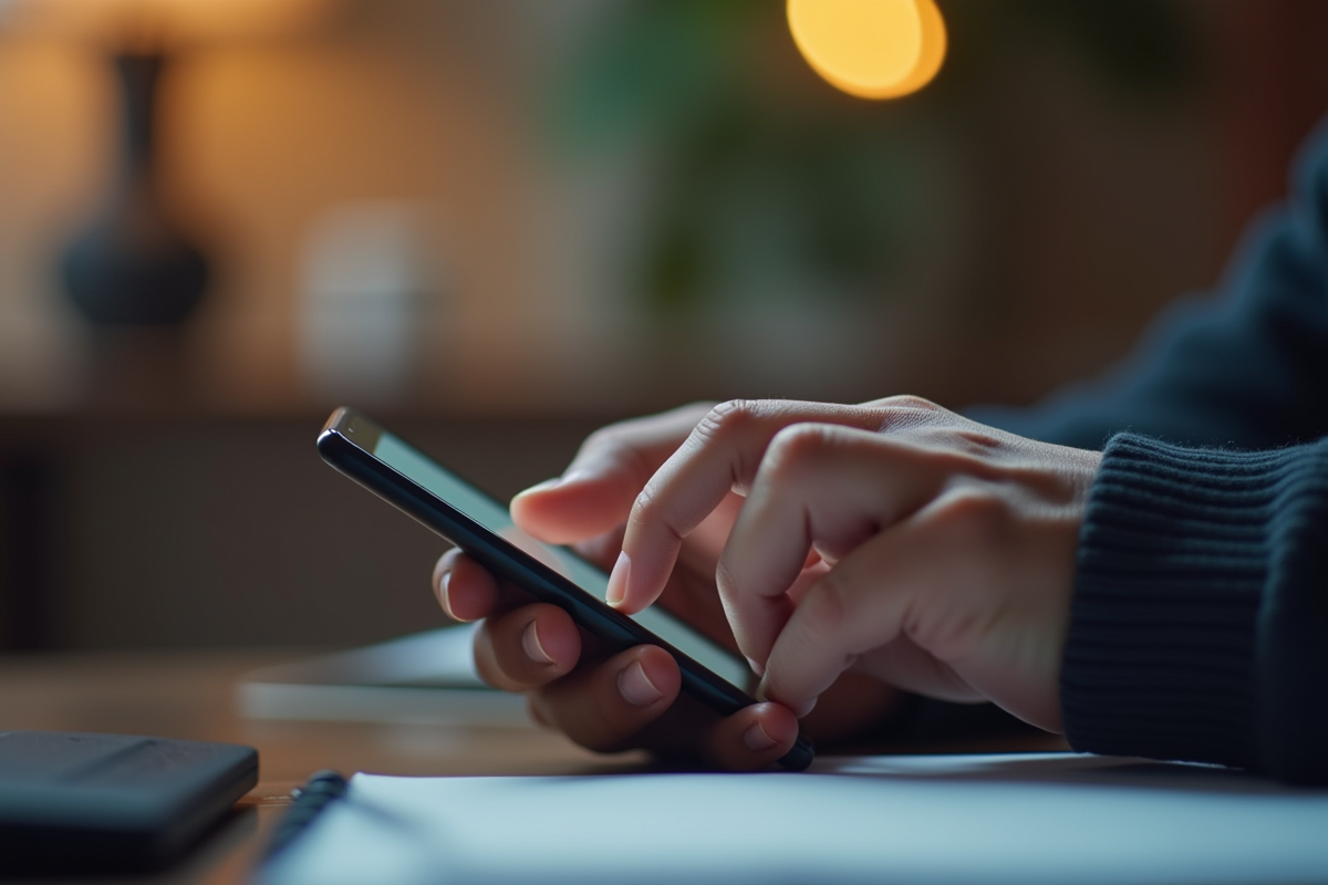 Mains tapant un message sur un smartphone avec notifications visibles