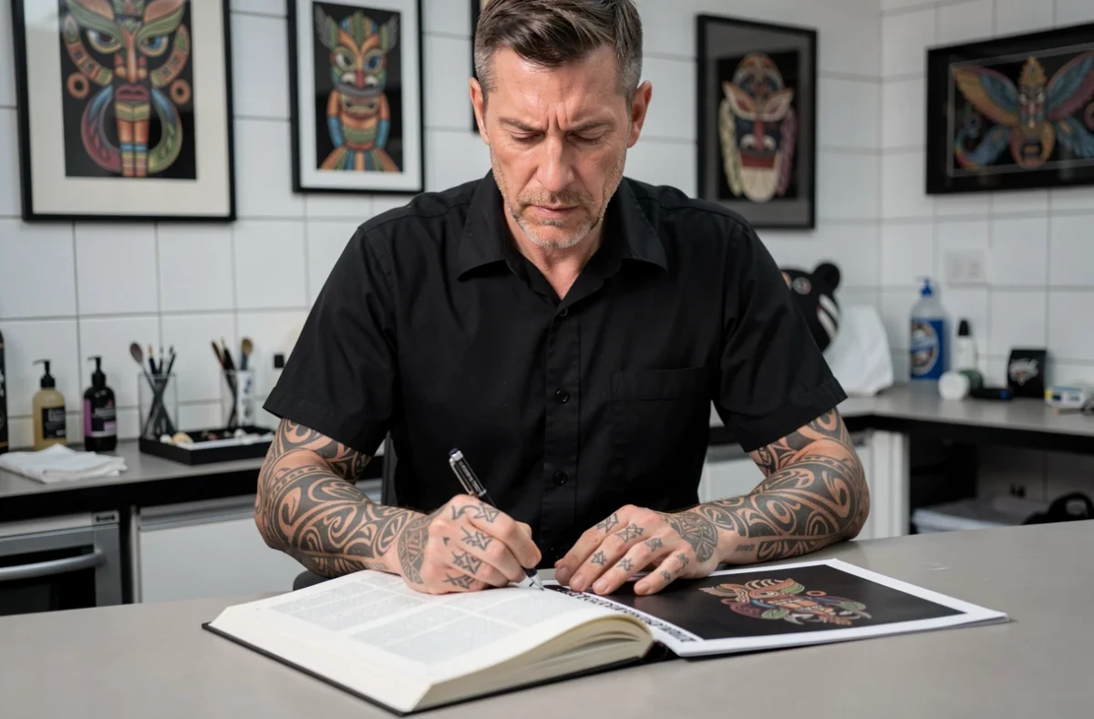 Tatoueur polynésien comparant un livre papier et un PDF de référence sur les symboles de tatouage dans son studio professionnel
