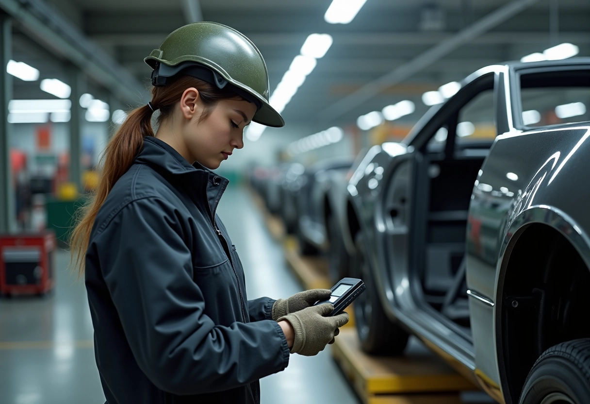 Jeune femme inspectant une soudure sur un cadre auto