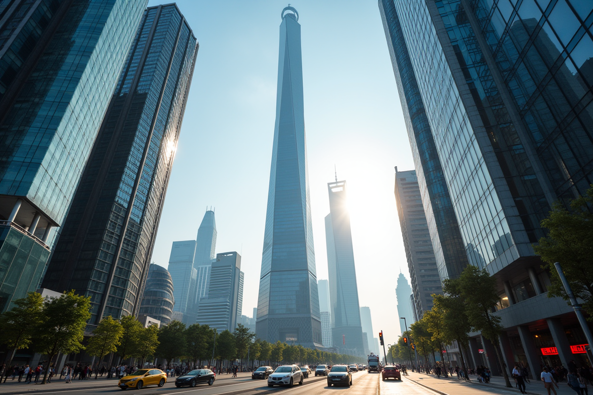 Tour Shanghai vue de dessous en journée avec foule et trafic