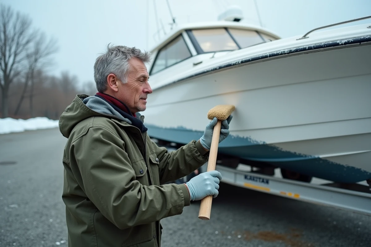 Spécialiste appliquant un traitement protecteur anti-corrosion sur la coque d'un bateau dans un chantier naval en hiver