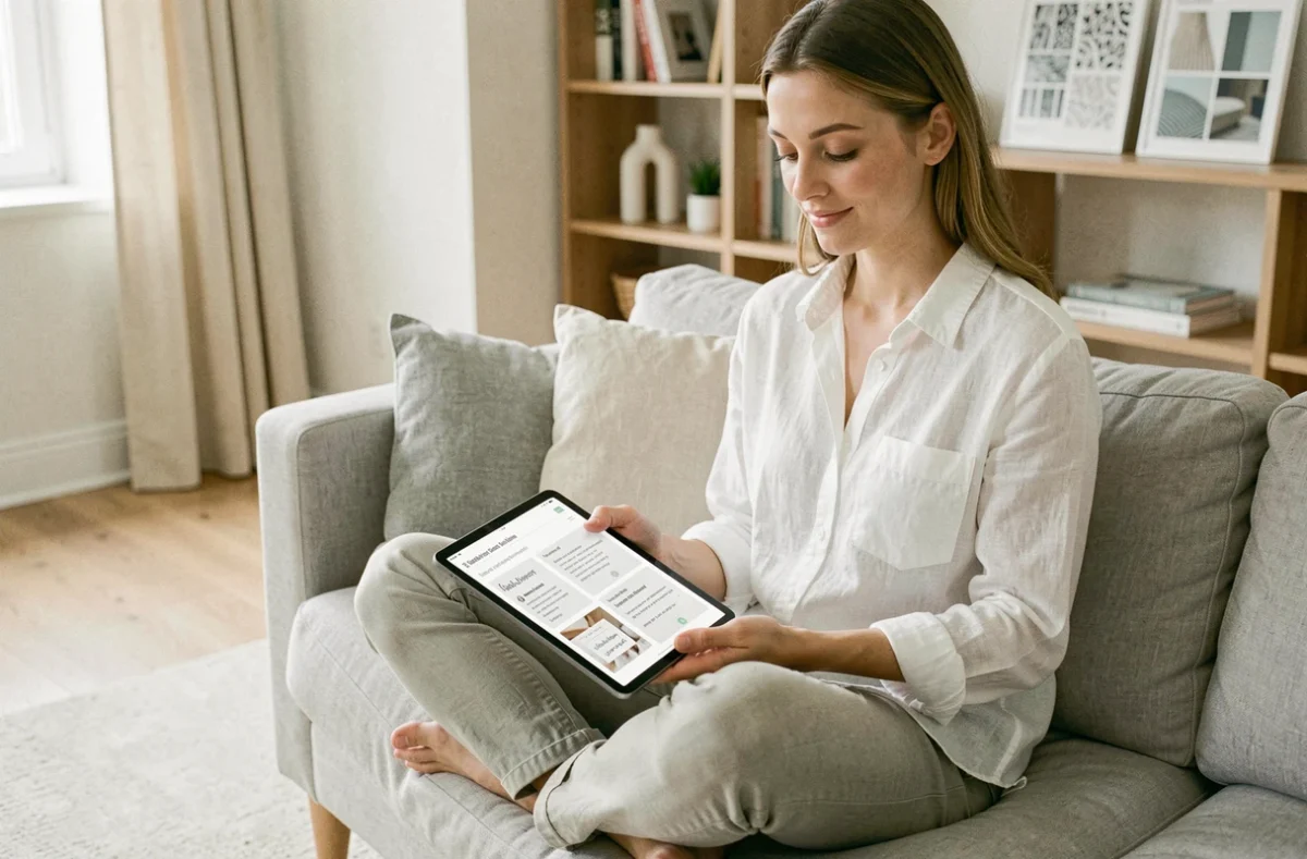 Jeune professionnelle suivant un tutoriel d'installation de police de caractères sur sa tablette dans son salon