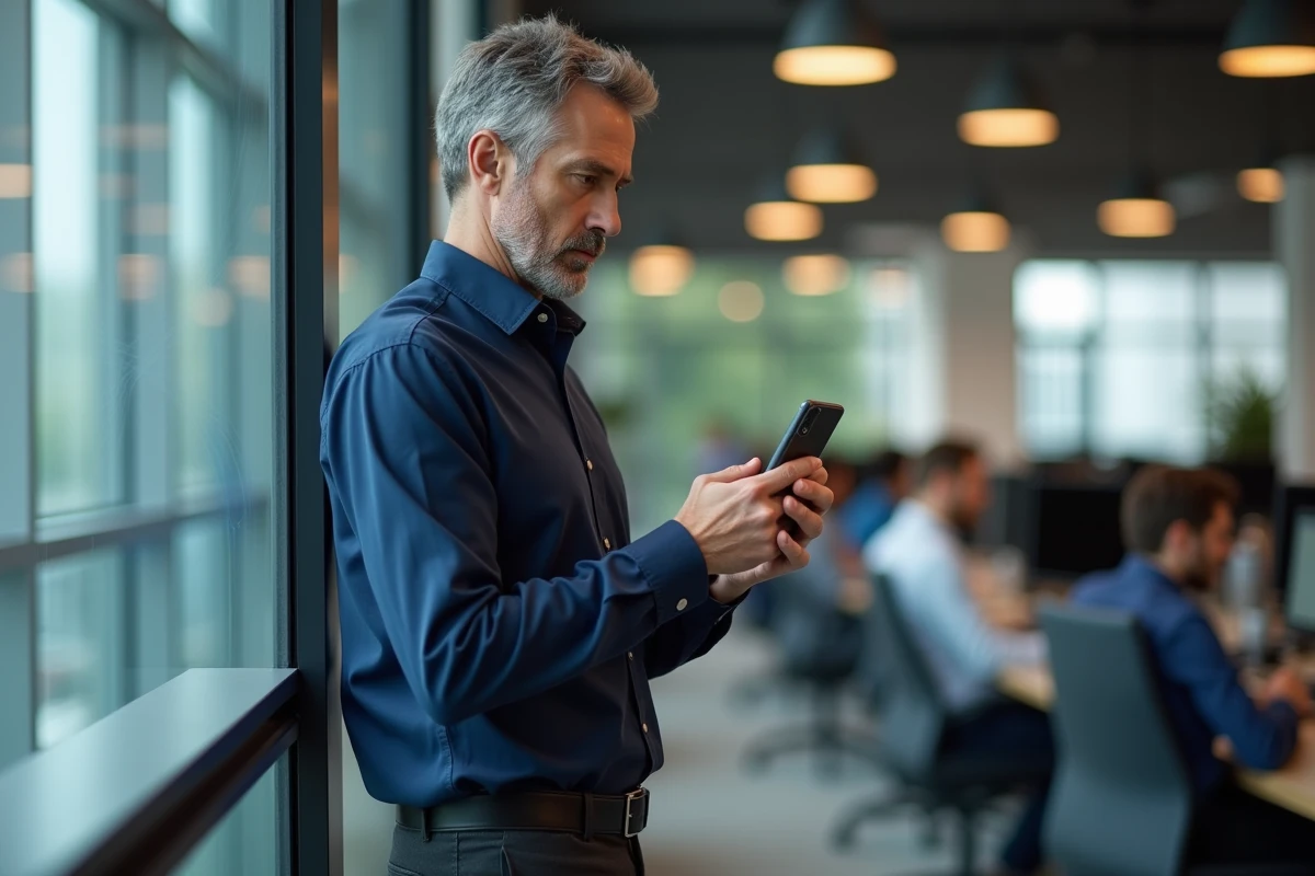 Homme en bureau vérifiant un numéro international inconnu avec indicatif 212 sur son téléphone portable