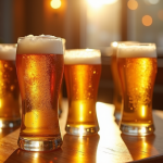 Verres de bières belges dorées sur une table en bois