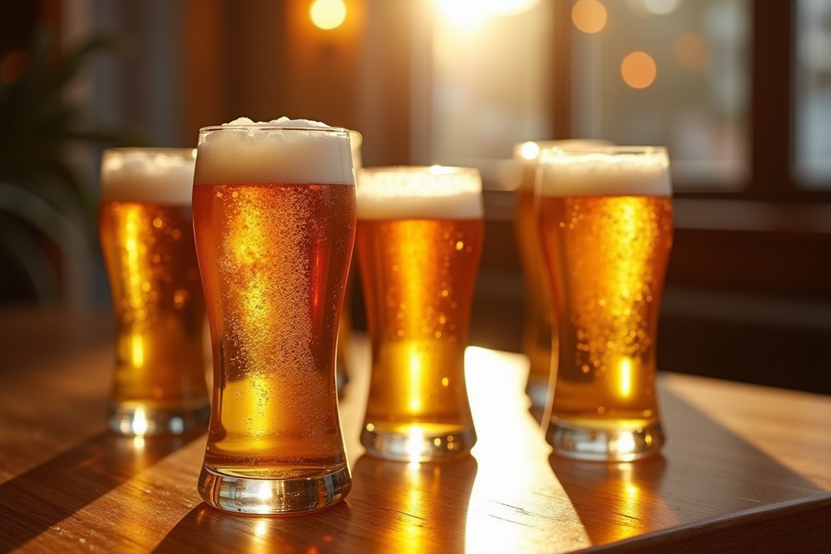 Verres de bières belges dorées sur une table en bois