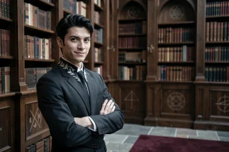 Cosplayer en uniforme scolaire sombre avec regard en amande perçant dans une bibliothèque académique fantastique, illustrant le personnage du villain aux yeux de renard d'une académie de démons