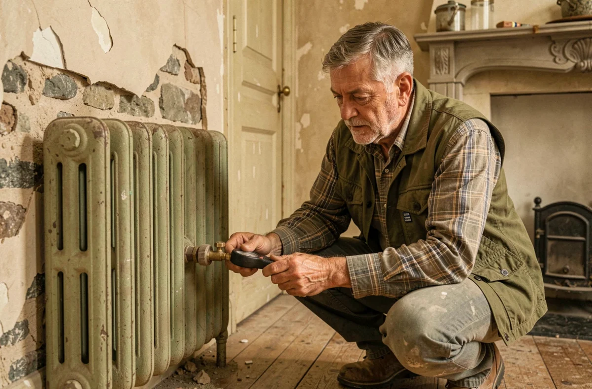 Artisan plombier Villoin Denis EURL vérifiant une vanne thermostatique sur un radiateur en fonte dans une maison ancienne