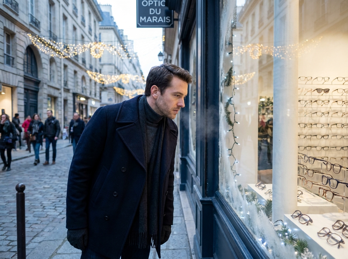 Homme en manteau devant une vitrine de lunettes de créateur dans une rue parisienne décorée pour les fêtes de Noël