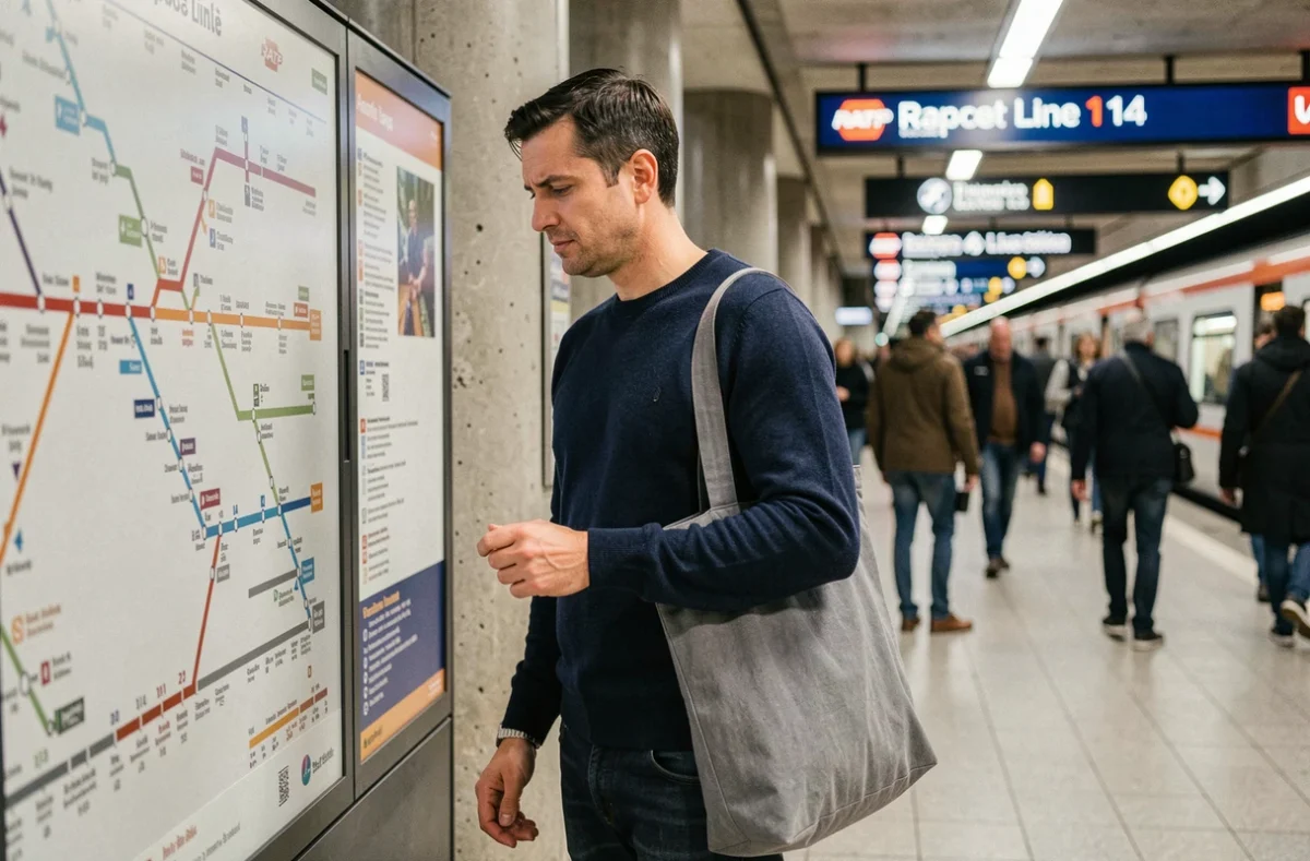 Voyageur consultant le plan du métro ligne 14 dans une station parisienne pour planifier son trajet